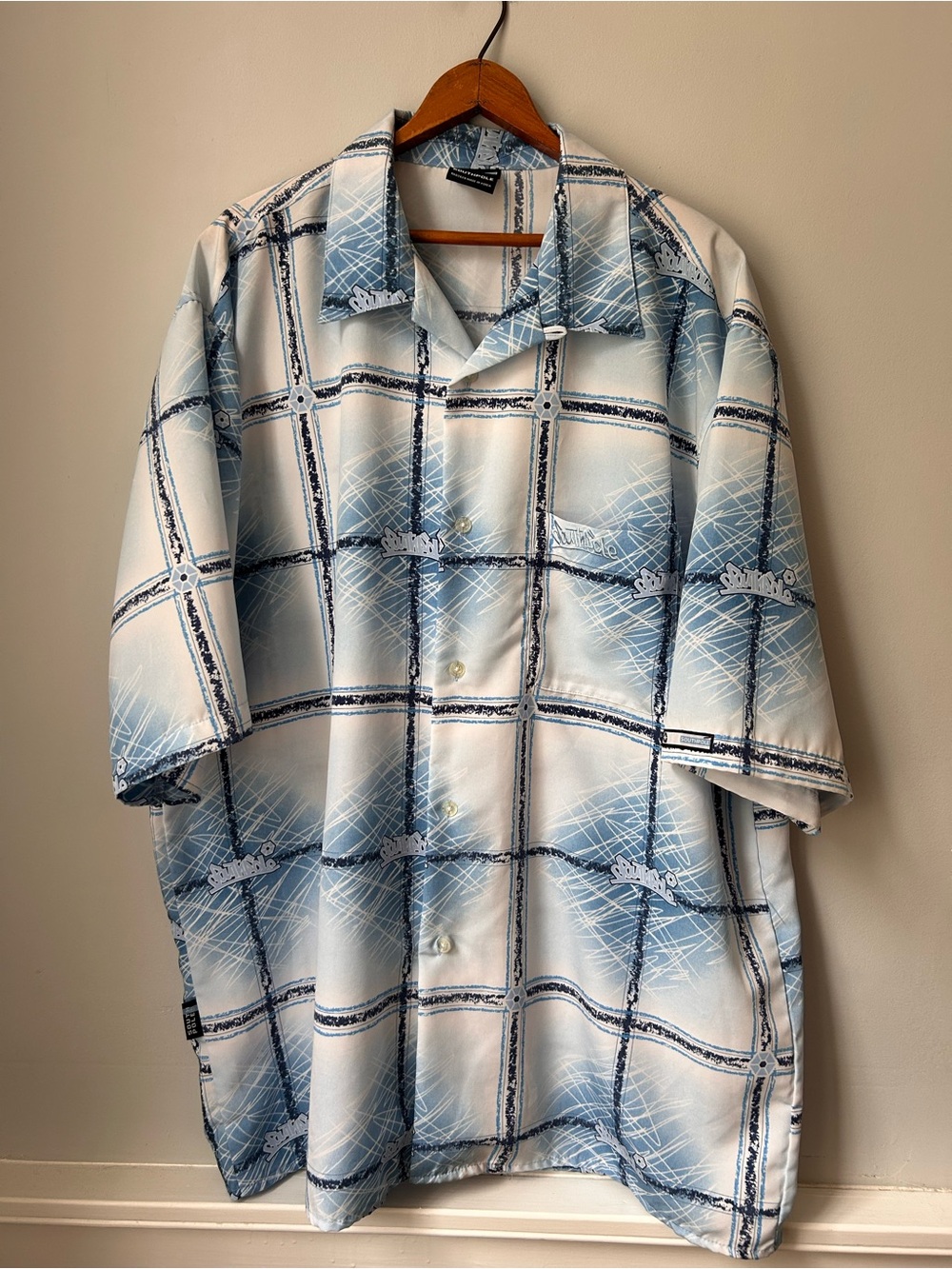 90s Y2K Baggy Southpole Men Shirt XL Button Blue Graphic AOP Loop Collar Classic